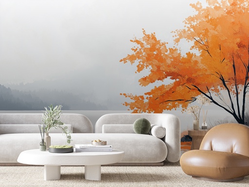 Nebelsee mit orangem Baum