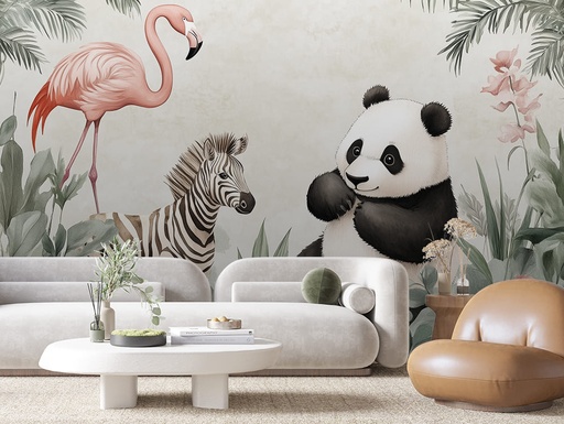 Panda, Zebra und Flamingo im Dschungel