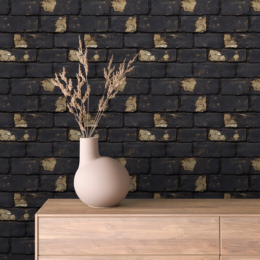 Backsteinwand in Schwarz-Gold, shabby
