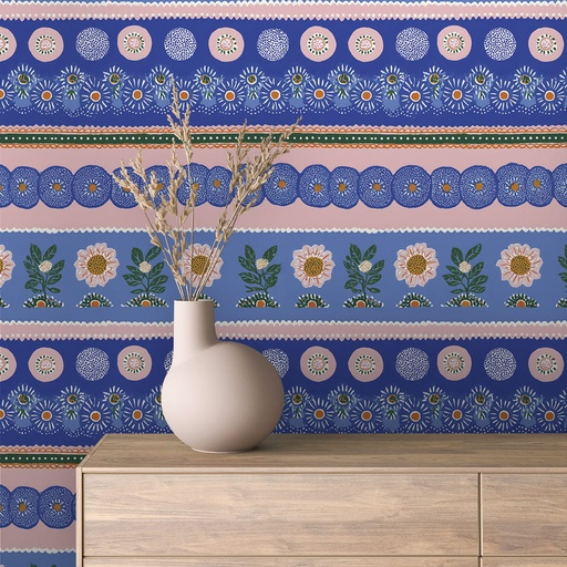 Blumenmuster in Blau-Rosa, handgemalt